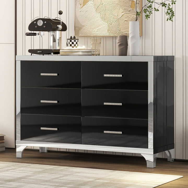 Elegant High Gloss Dresser with Metal Handle,Mirrored Storage Cabinet with 6 Drawers for Bedroom,Living Room,Black