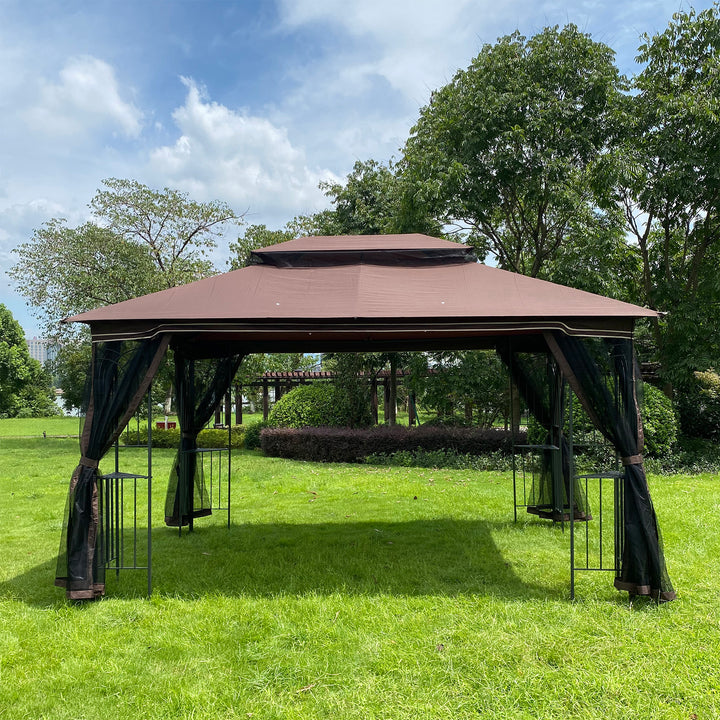 13x10 Outdoor Patio Gazebo Canopy Tent With Ventilated Double Roof And Mosquito net(Detachable Mesh Screen On All Sides),Suitable for Lawn, Garden, Backyard and Deck,Brown Top