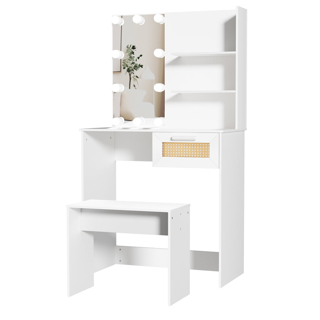 Vanity Desk Set Stool & Dressing Table with LED Lighting Mirror Drawer and Compartments Modern Wood Cosmetic Table Chest of Drawers White Color