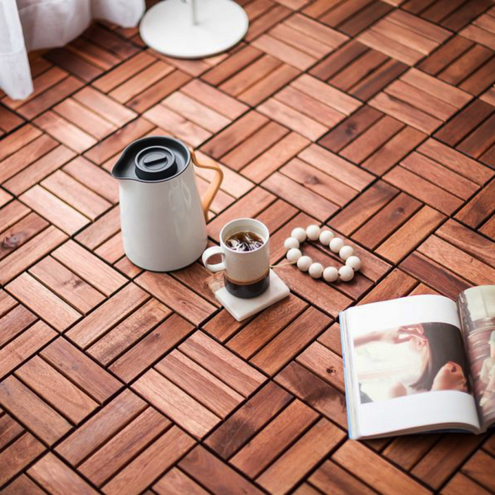 30 PCS Interlocking Deck Tiles Checker Pattern, 12" x 12" Square Acacia Hardwood Outdoor Flooring for Patio, Bancony, Pool Side,...