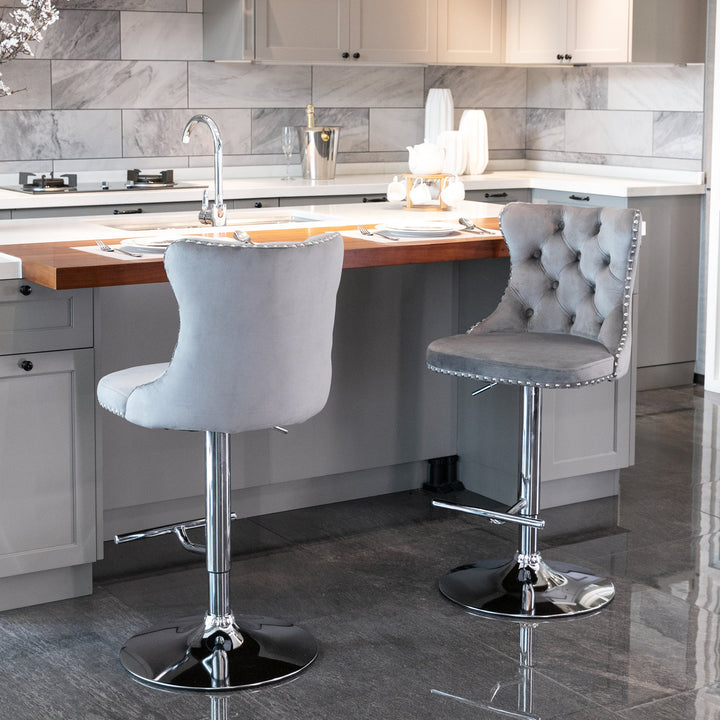 A&A Furniture,Swivel Velvet Barstools Adjusatble Seat Height from 25-33 Inch, Modern Upholstered Chrome base Bar Stools with Backs Comfortable Tufted for Home Pub and Kitchen Island（Gray,Set of 2）