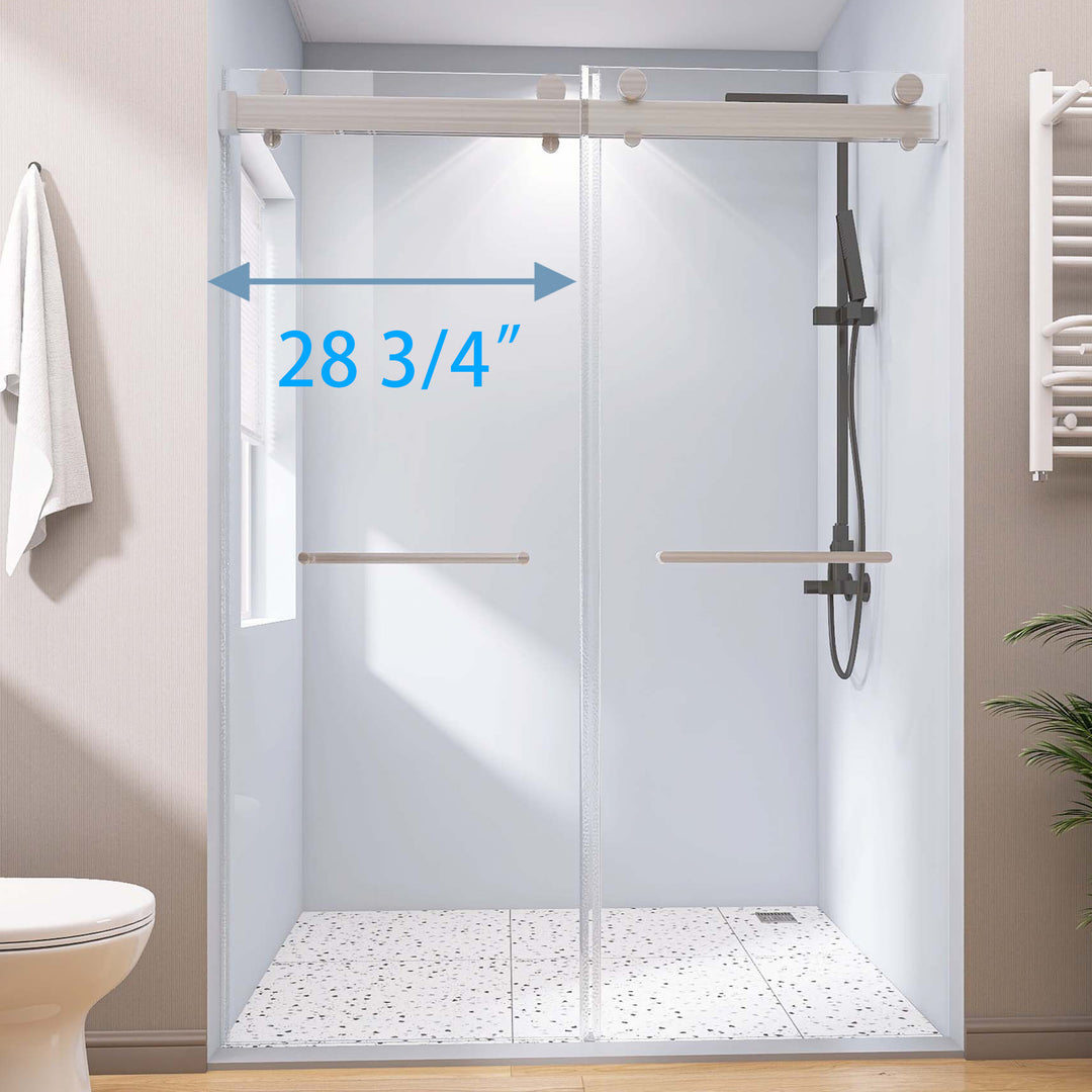 Frameless Double Sliding Shower, 57" - 60" Width, 79" Height, 3/8" (10 mm) Clear Tempered Glass, , Designed for Smooth Door with Clear Tempered Glass and Stainless Steel Hardware Brushed Nickel