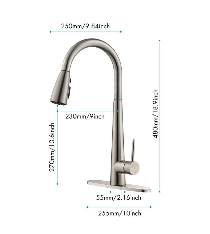 Kitchen Faucet with Pull Down Sprayer Brushed Nickel, High Arc Single Handle Kitchen Sink Faucet with Deck Plate, Commercial Modern Stainless Steel Kitchen Faucets