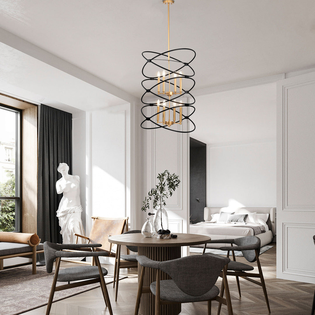 Transitional Gold/Matte Black Metal Chandelier Fixture, 8 lights, 2-Tier-Candle Ceiling Light for Living Room, Bedroom, Dining Room, Dimmable, E12, W23.6*H55