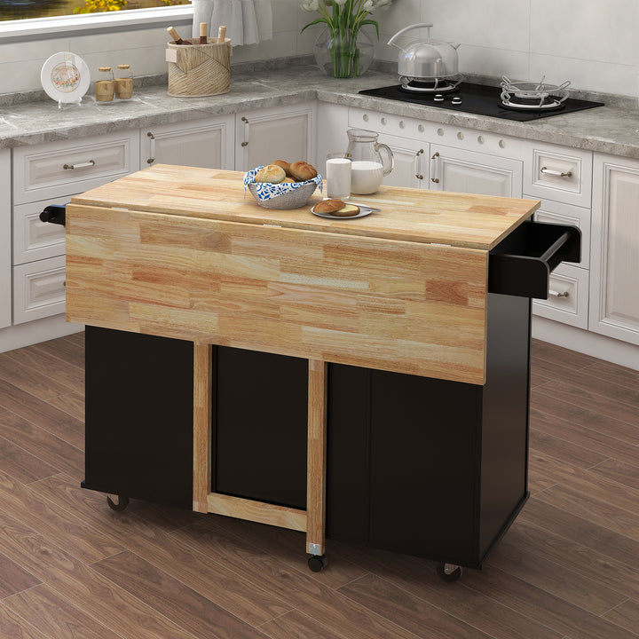 Kitchen Island with Spice Rack, Towel Rack and Extensible Solid Wood Table Top-Black