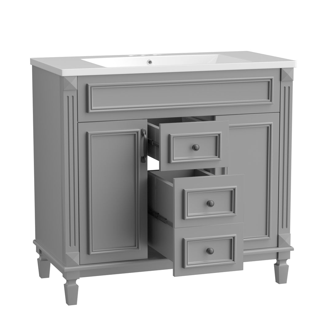 36'' Bathroom Vanity with Top Sink, Grey Mirror Cabinet, Modern Bathroom Storage Cabinet with 2 Soft Closing Doors and 2 Drawers, Single Sink Bathroom Vanity