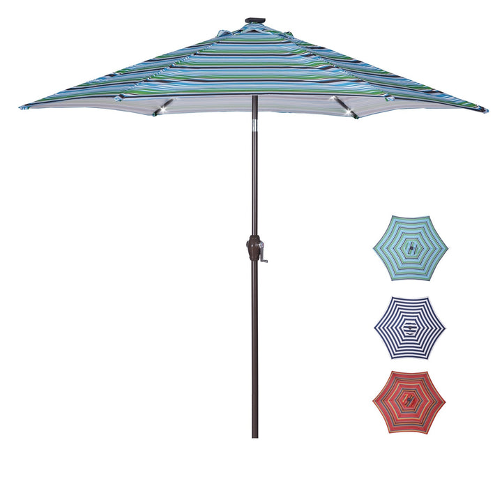 Outdoor Patio 8.7-Feet Market Table Umbrella with Push Button Tilt and Crank, Blue Stripes With 24 LED Lights[Umbrella Base is not Included]