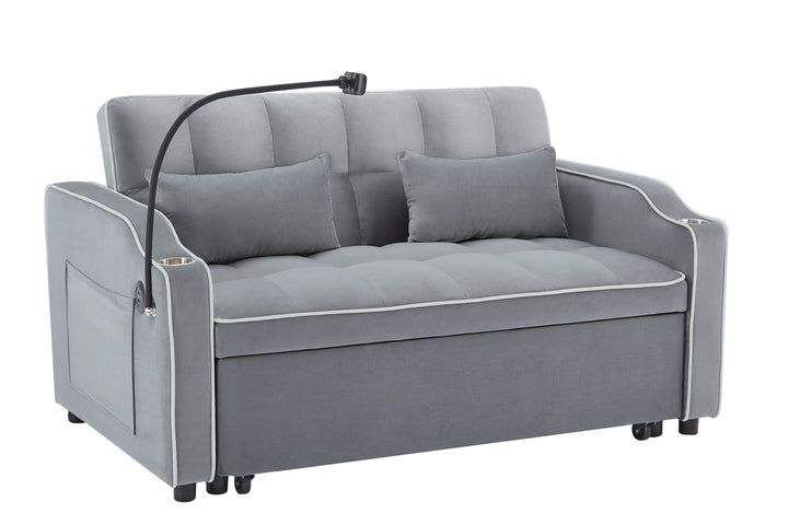 1 versatile foldable sofa bed in 3 lengths, modern sofa sofa sofa velvet pull-out bed, adjustable back and with USB port and ashtray and swivel phone stand (grey)