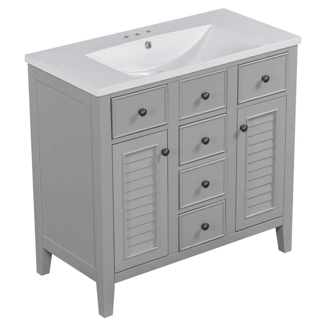 36" Bathroom Vanity with Ceramic Basin, Two Cabinets and Five Drawers, Solid Wood Frame, Grey (OLD SKU: SY999202AAE)