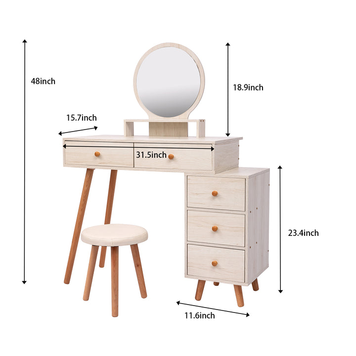 CRAZY ELF Makeup Vanity Table with Cushioned Stool, Large Capacity Storage Cabinet, 5 Drawers, Large Round Mirror, Fasionable Makeup Furniture (31.5"-43.2"L x 15.8"W x 48.1"H) Length Adjustable