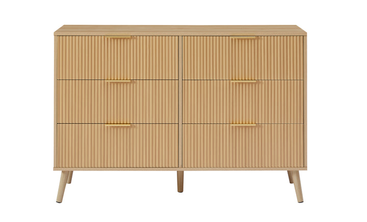 Bedroom Dresser, 6 Double Dressers with Wavy Drawers, Wooden Chest of Drawers for Children's Room, Living Room, Entrance and Hallway, Natural, 47.2''W x 15.8''D x 31.7''H.