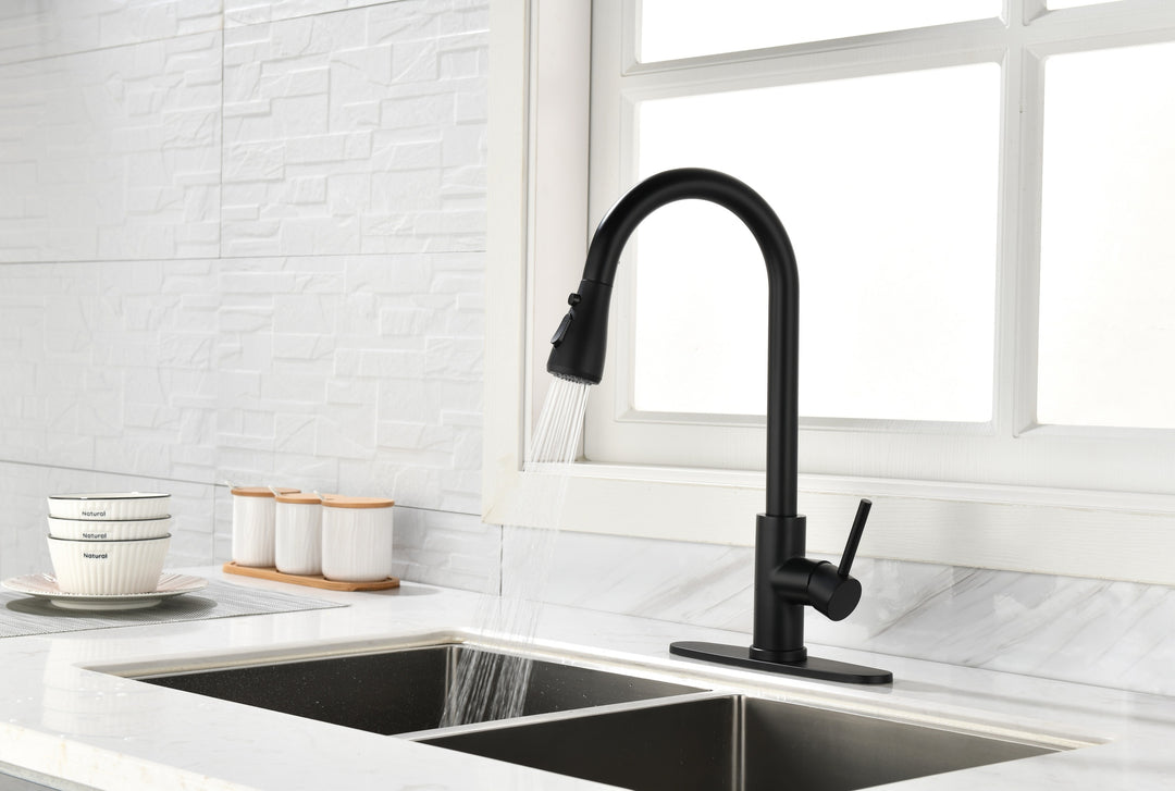 Black Kitchen Faucet, Kitchen Faucets with Pull Down Sprayer  Commercial Stainless Steel Single Handle Single Hole Kitchen Sink Faucet