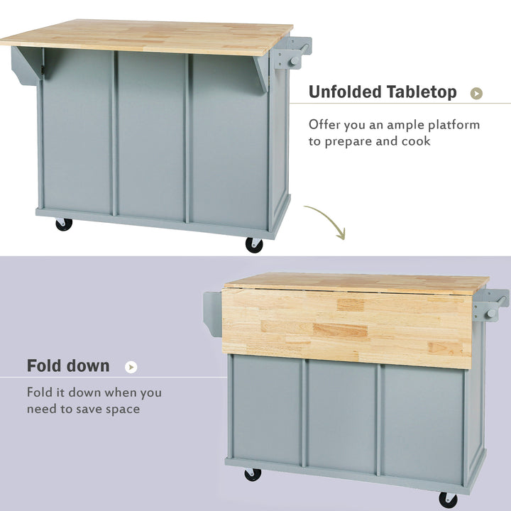 Kitchen Cart with Rubber wood Drop-Leaf Countertop ,Cabinet door internal storage racks,Kitchen Island on 5 Wheels with Storage Cabinet and 3 Drawers for Dinning Room, Grey Blue