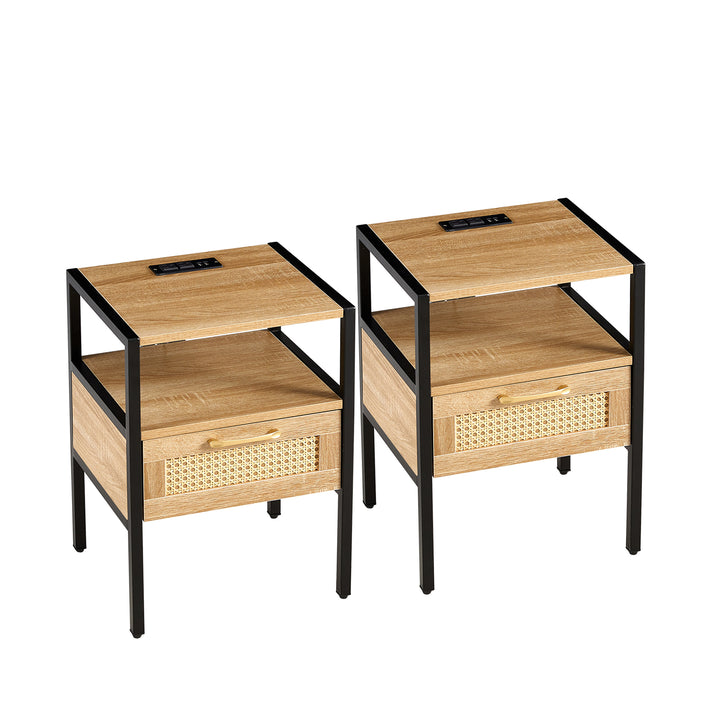 Set of 2, 15.75" Rattan End table with Power Outlet & USB Ports , Modern nightstand with drawer and metal legs, side table for living room, bedroom,natural