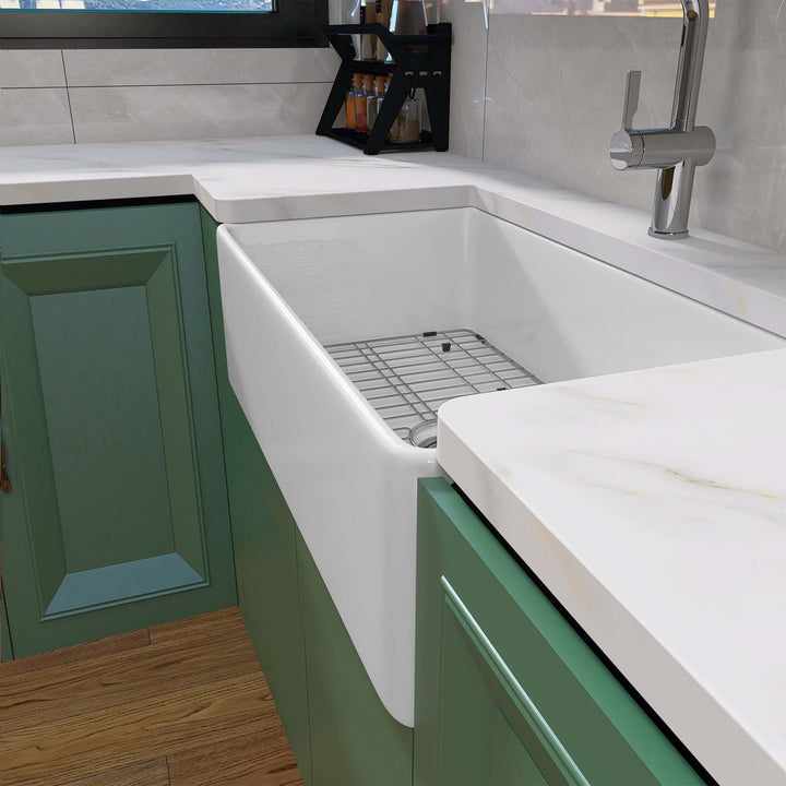 33  Inch Fireclay Farmhouse Kitchen Sink White Single Bowl Apron Front Kitchen Sink, Bottom Grid and Kitchen Sink Drain Included