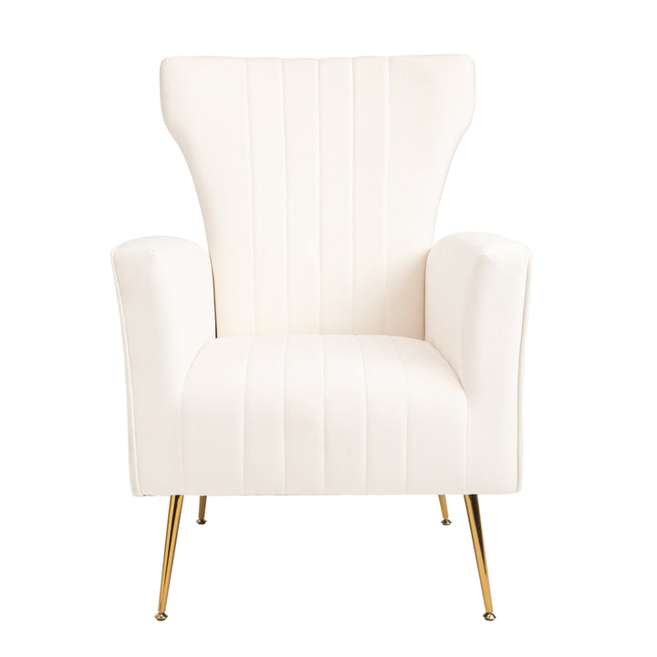 Velvet Accent Chair with table, Wingback Arm Chair with Gold Legs, Upholstered Single Sofa for Living Room Bedroom, White