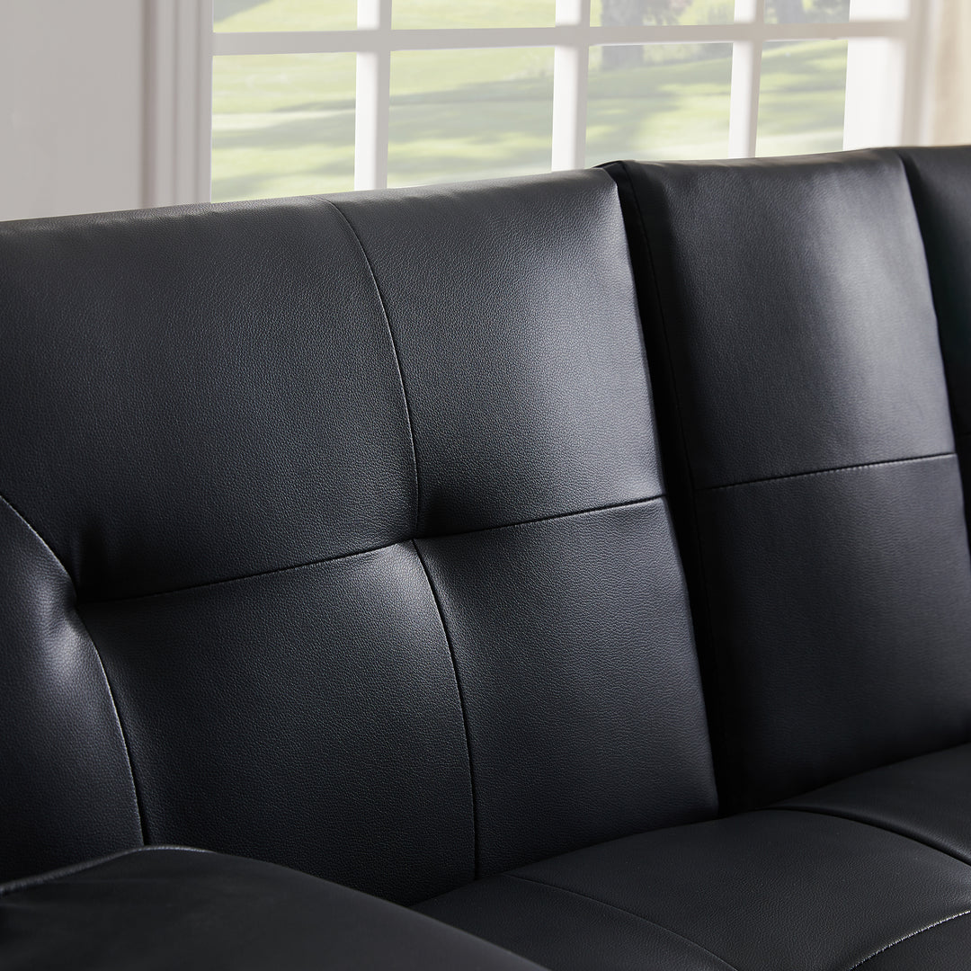 Black Faux Leather Loveseat Sofa Bed with Cup Holders , Convertible Folding Sleeper Couch Bed .