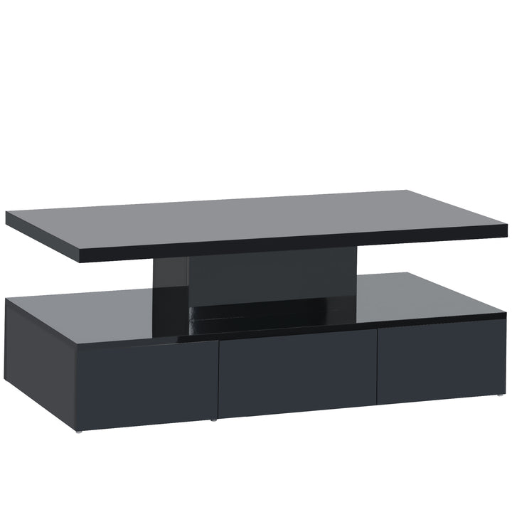 ON-TREND Modern Glossy Coffee Table With Drawer, 2-Tier Rectangle Center Table with LED lighting for Living room, 39.3''x19.6''x15.3'', Black