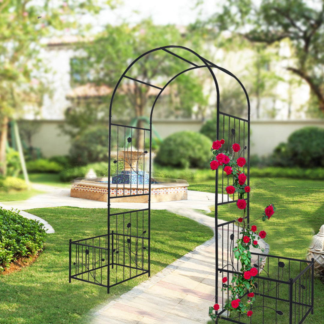 Metal Garden Arch with two plant stands 79.5'' Wide x 86.6'' High Climbing Plants Support Rose Arch Outdoor Black