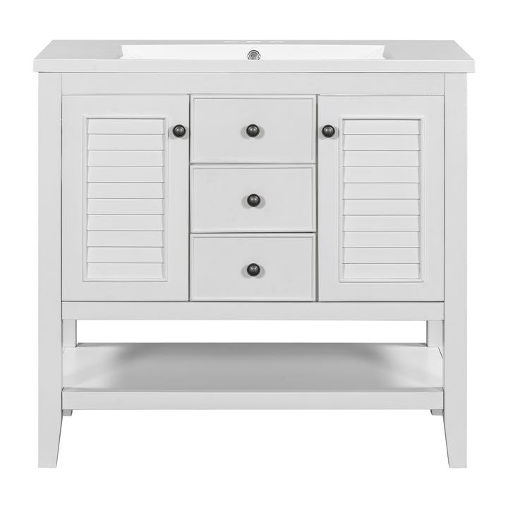 36" Bathroom Vanity with Ceramic Basin, Two Cabinets and Drawers, Open Shelf, Solid Wood Frame, White (OLD SKU: SY999101AAK)