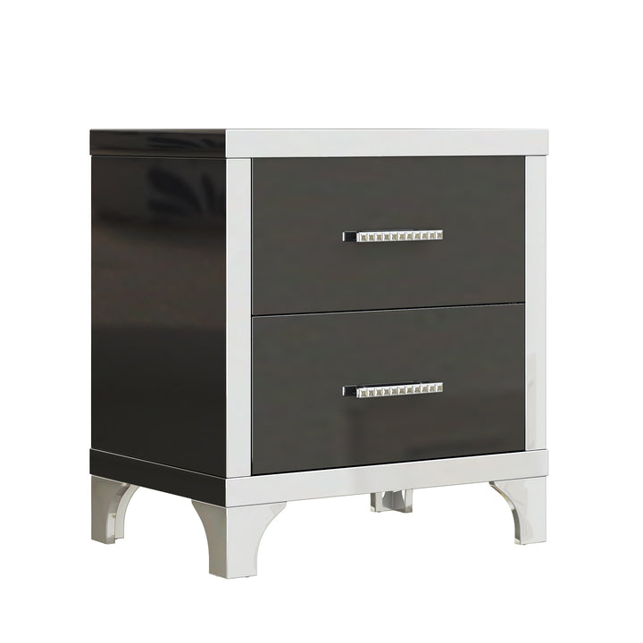 Elegant High Gloss Nightstand with Metal Handle,Mirrored Bedside Table with 2 Drawers for Bedroom,Living Room,Black