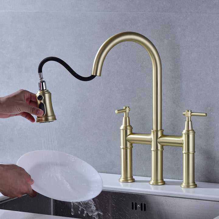 Bridge Kitchen Faucet with Pull-Down Sprayhead in Spot