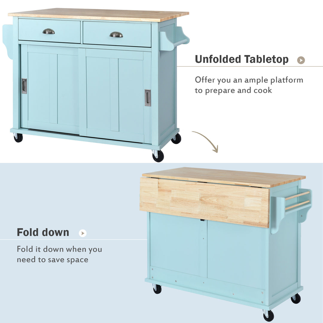 Kitchen Cart with Rubber wood Drop-Leaf Countertop, Concealed sliding barn door adjustable height,Kitchen Island on 4 Wheels with Storage Cabinet and 2 Drawers,L52.2xW30.5xH36.6 inch, Mint Green