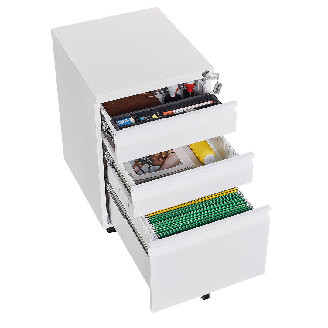 3-Drawer Mobile File Cabinet with Lock, Office Storage Filing Cabinet for Legal/Letter Size, Pre-Assembled Metal File Cabinet Except Wheels Under Desk(White)