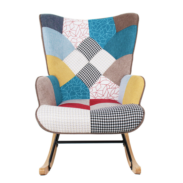 Rocking Chair, Mid Century Fabric Rocker Chair with Wood Legs and Patchwork Linen for Livingroom Bedroom