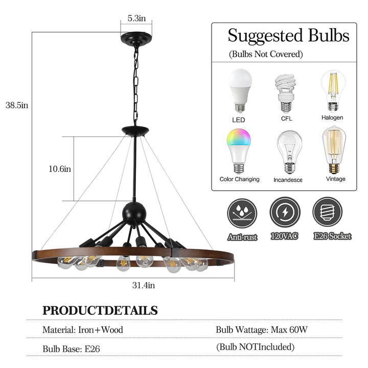 8-Light Retro Farmhouse Chandelier For Kitchen, Living room, Dining room(No Bulbs)