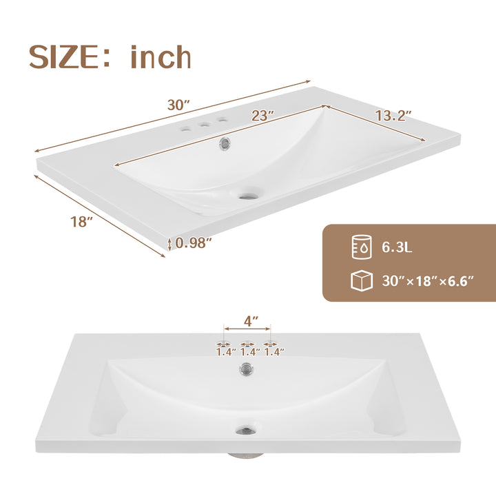 30" Bathroom Vanity with Sink, Combo, Cabinet with Doors and Drawer, Solid Frame and MDF Board, White