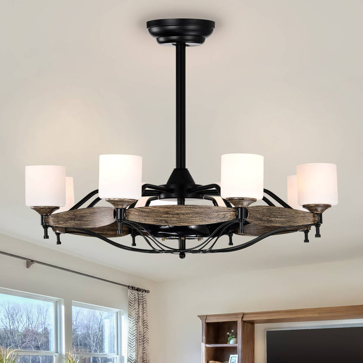 Dia 33 inch Chandelier Ceiling Fan for Bedroom Dining Room Living Room Kitchen Farmhouse Entry,Matte Black+  Wood Grain