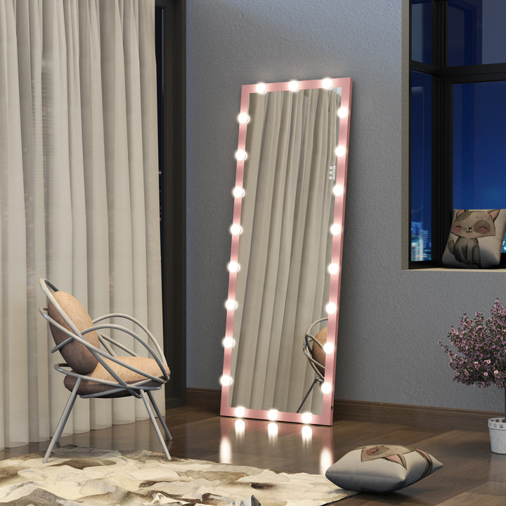 BEAUTME Hollywood Full Length Mirror with Lights Full Body Vanity Mirror with 3 Color Modes Wall Lighted  Standing Floor Mirror for Dressing Room Bedroom Hotel Touch Control Pink 62.6"x23.3"