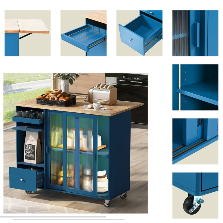 Kitchen Island with Drop Leaf, LED Light Kitchen Cart on Wheels with 2 Fluted Glass Doors and 1 Flip Cabinet Door, Large Kitchen Island Cart with an Adjustable Shelf and 2 Drawers (Navy Blue)