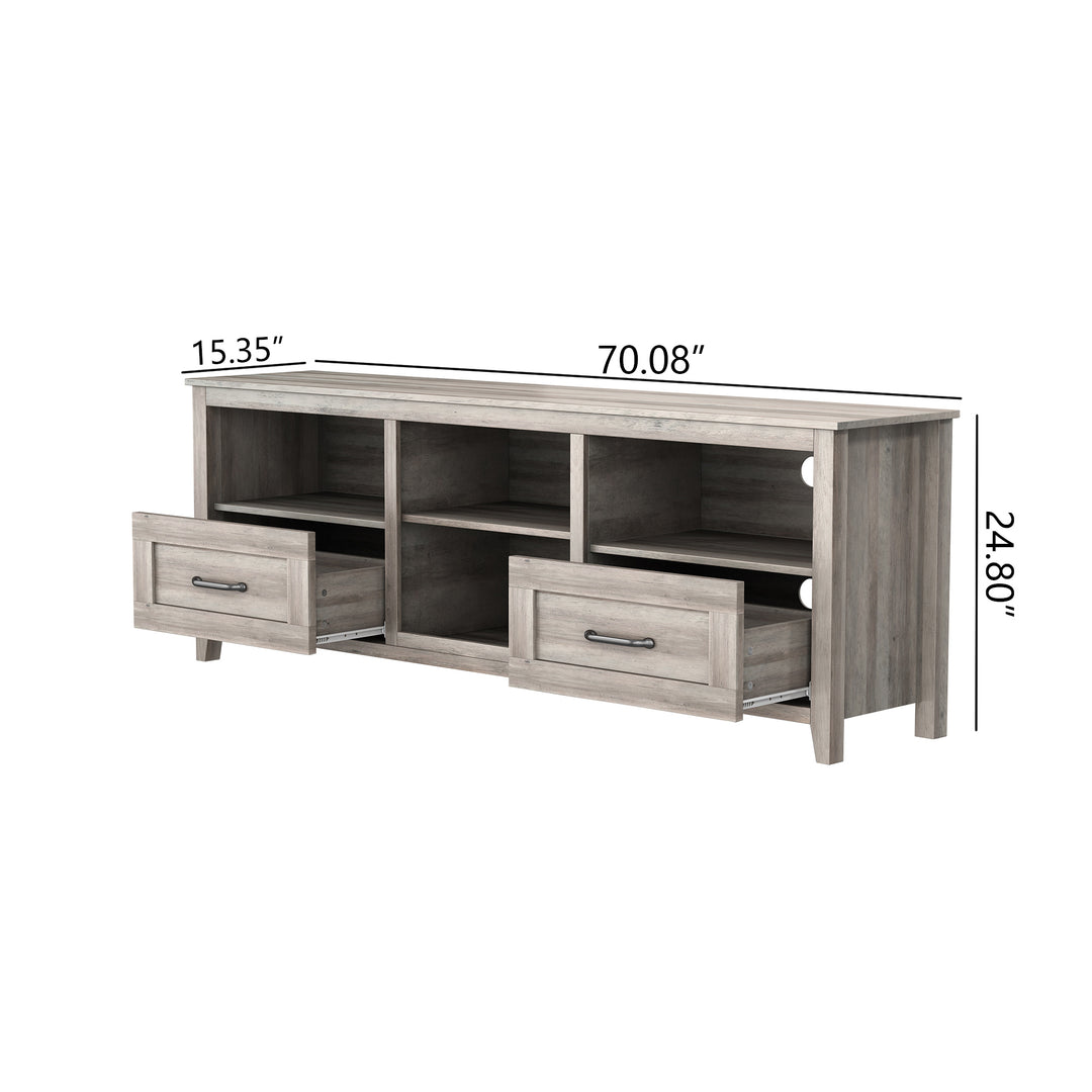 70.08 Inch Length TV Stand for Living Room and Bedroom, with 2 Drawers and 4 High-Capacity Storage Compartment, Grey Walnut