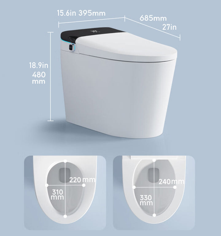 Smart toilet with auto flush, foot sensor flush, heated seat, warm water, warm air drying, remote Control