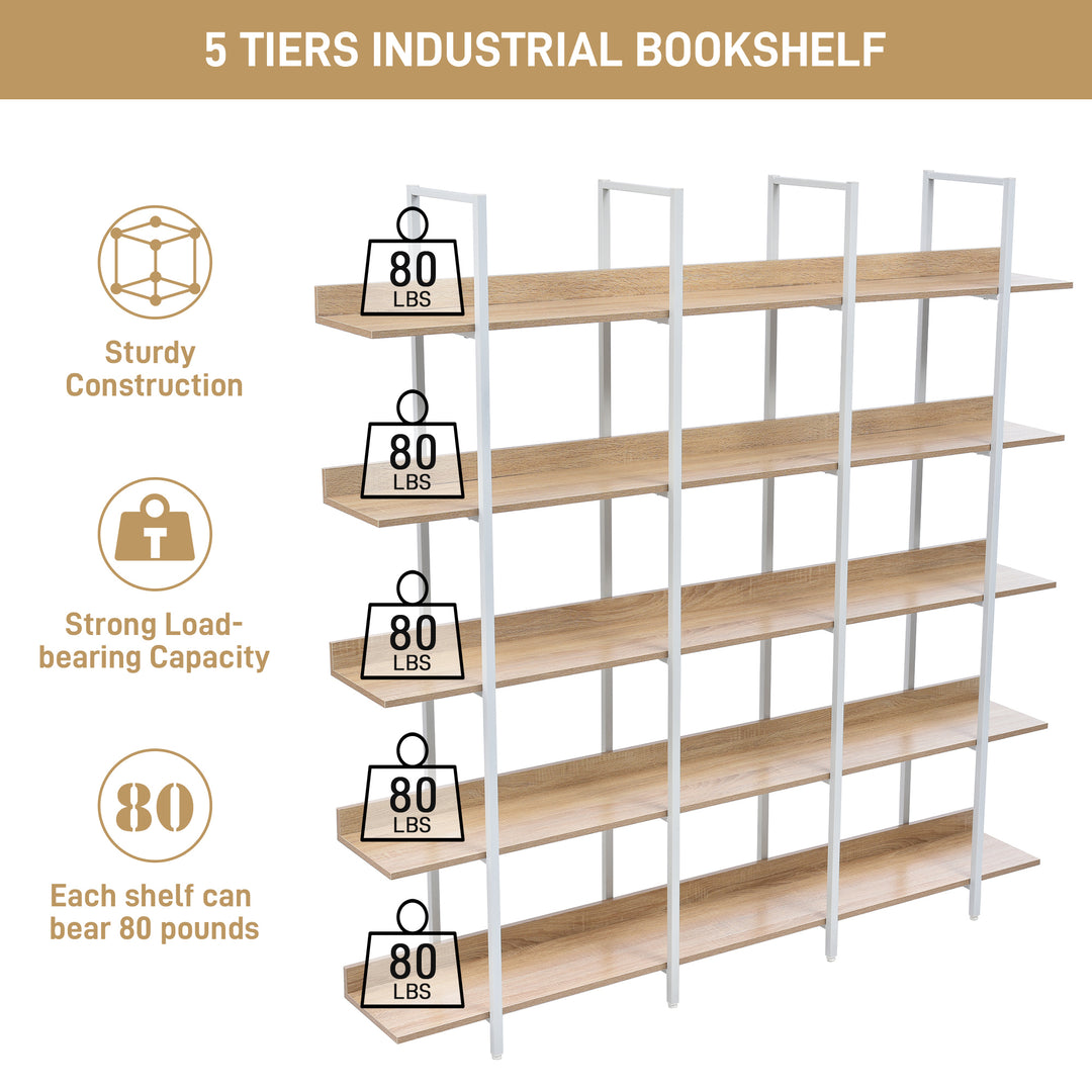 5 Tier Bookcase Home Office Open Bookshelf, Vintage Industrial Style Shelf, MDF Board, White Metal Frame, Oak