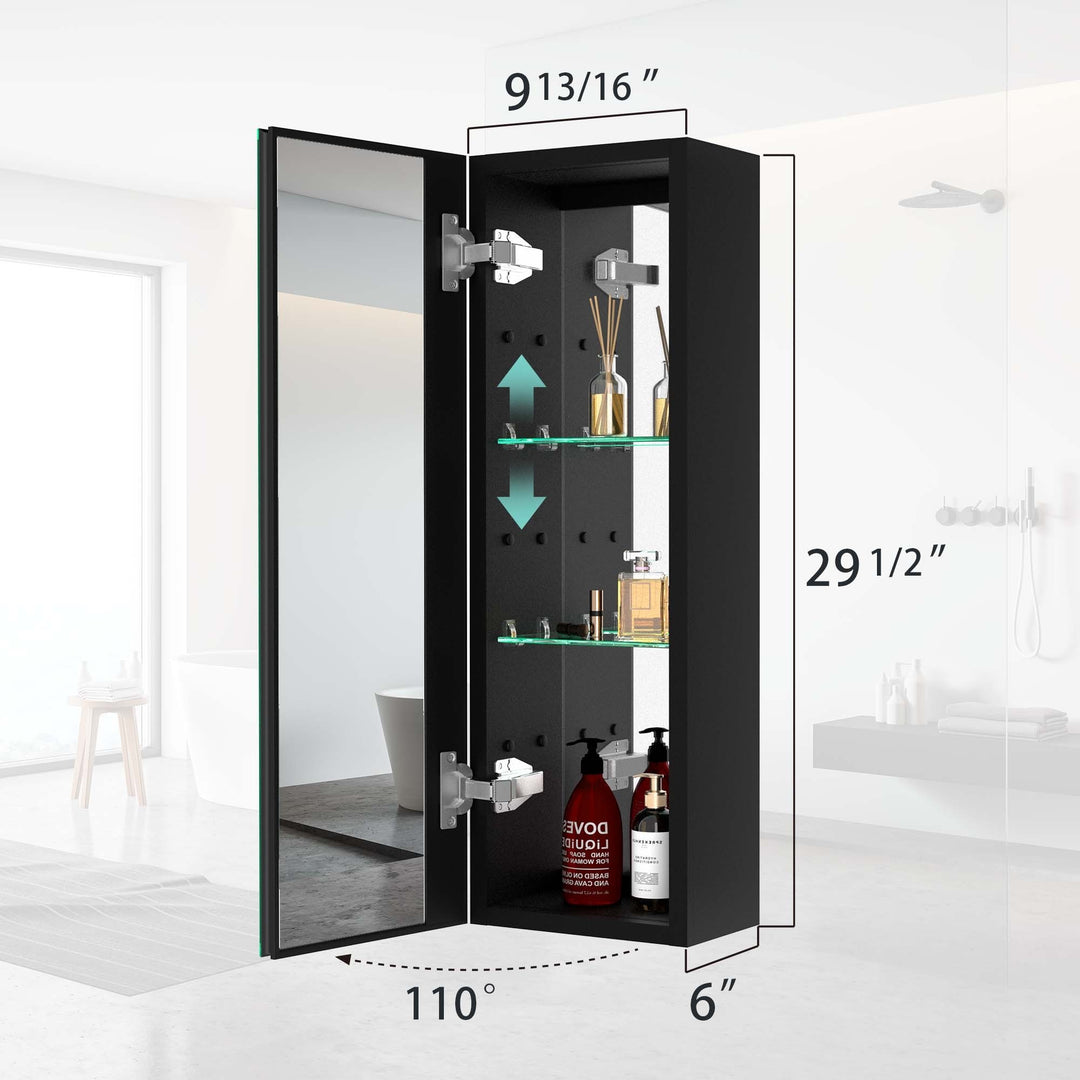 30x10 inch Medicine Cabinets Aluminum Bathroom Medicine Cabinet Adjustable Glass Shelves Black