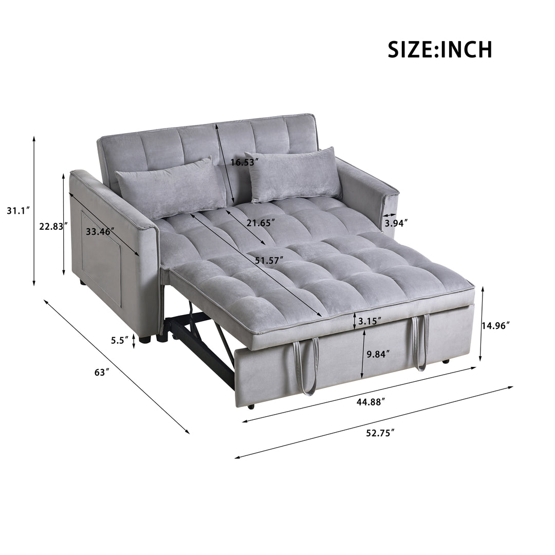 3 in 1 Convertible Sleeper Sofa Bed,  Modern Pull Out Couch Bed, Adjustable Backrest, Velvet Loveseat Futon Sofa with Pillows & Pockets for Living Room Apartment, Grey