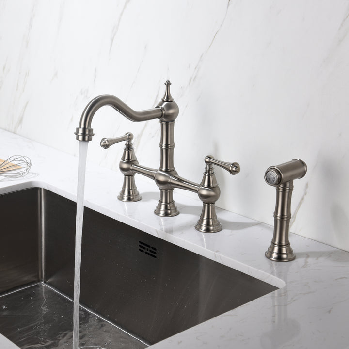 Bridge Dual Handles Kitchen Faucet With Pull-Out Side Spray in