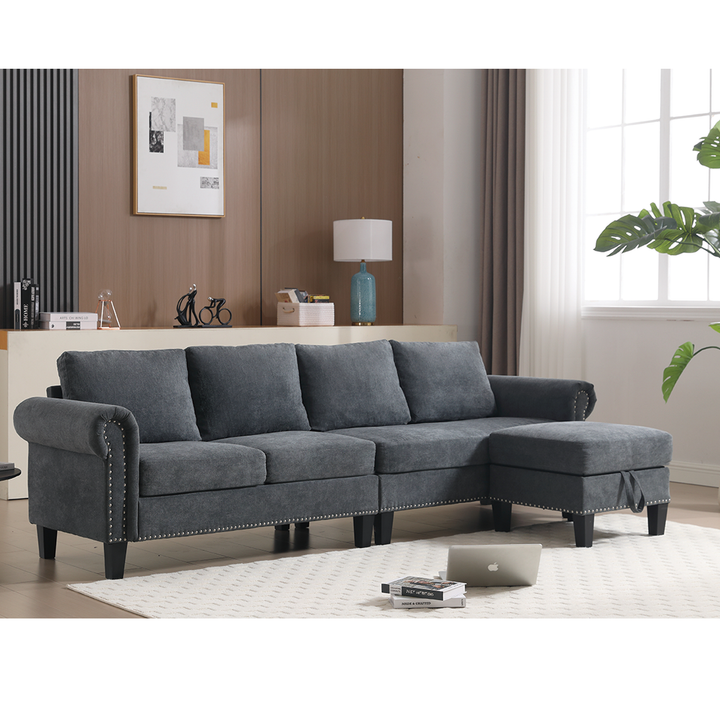 [NEW ARRIVED]   [VIDEO PROVIDED]Convertible Sectional Sofa with Storage,L-shaped sofa,Four-seater sofa,Modern Linen Fabric Sectional Couches for Living Room,Gray