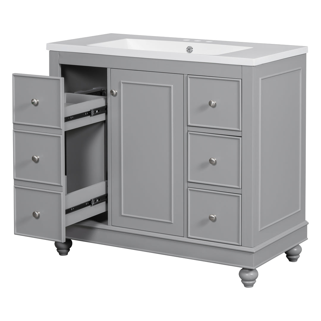 Contemporary Gray Bathroom Vanity Cabinet - 36x18x34 inches, 4 Drawers & 1 Cabinet Door, Multipurpose Storage, Resin Integrated Sink, Adjustable Shelves, Solid Wood Frame with MDF