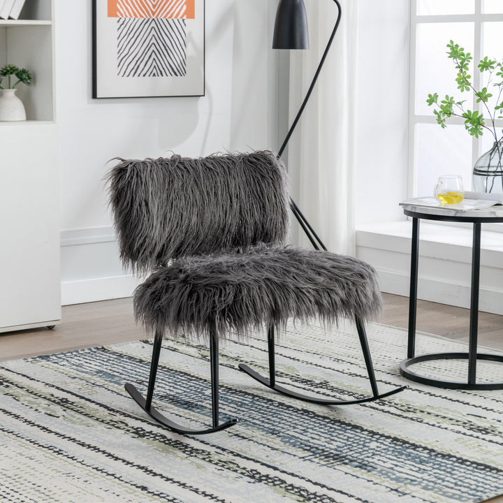 25.2'' Wide Faux Fur Plush Nursery Rocking Chair, Baby Nursing Chair with Metal Rocker, Fluffy Upholstered Glider Chair, Comfy Mid Century Modern Chair for Living Room, Bedroom (Gray)