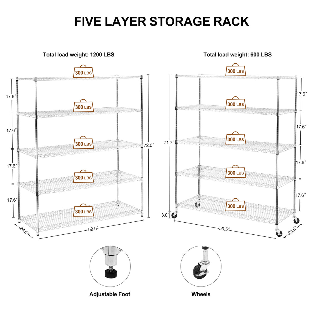 5 tiers of chrome-plated, heavy-duty, adjustable shelving and racking with a 300 lb. weight capacity per wire shelf for warehouses, supermarkets, kitchens, etc. 59.45 "L × 24.02 "W × 71.65 "H