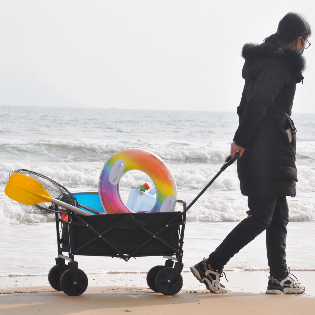 Mini Folding Wagon Garden Shopping Beach Cart （black+yellow）