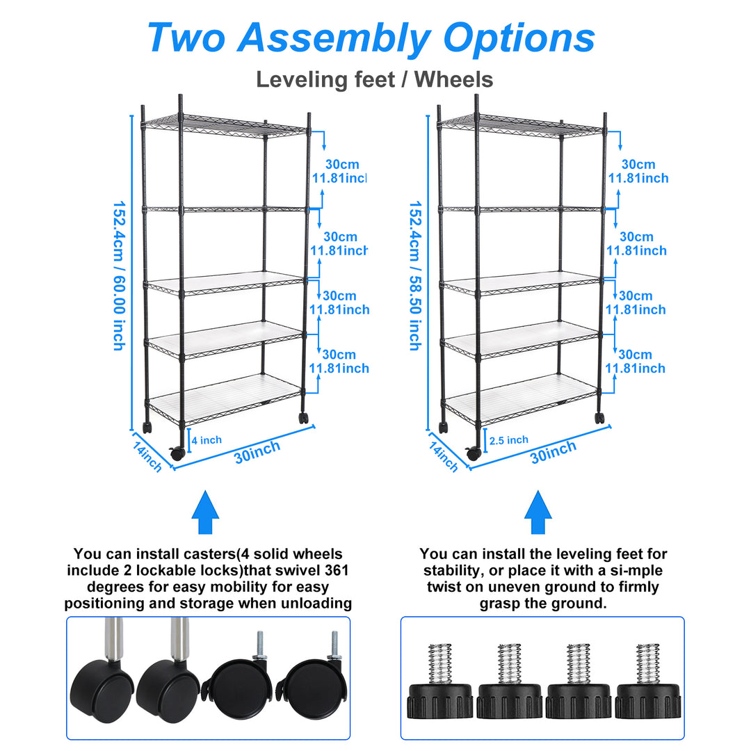 5 Tier Shelf Wire Shelving Unit, NSF Heavy Duty Wire Shelf Metal Large Storage Shelves Height Adjustable Utility for Garage Kitchen Office Commercial Shelving Steel Layer Shelf - Black