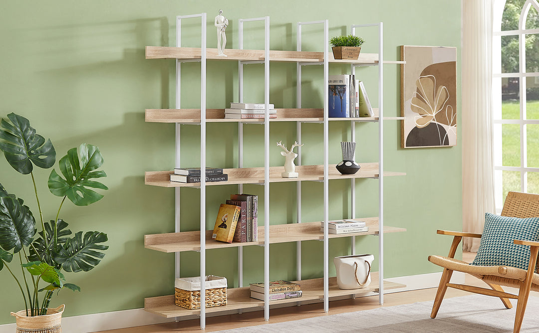 5 Tier Bookcase Home Office Open Bookshelf, Vintage Industrial Style Shelf, MDF Board, White Metal Frame, Oak