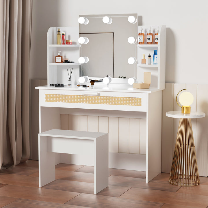 Vanity Desk Set Stool & Dressing Table with LED Lighting Mirror Drawer and Compartments Modern Wood Cosmetic Table Chest of Drawers White Color