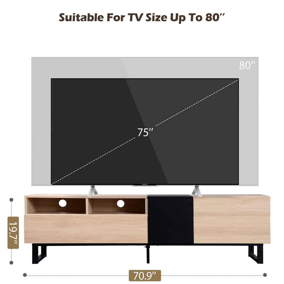 Modern TV Stand for 80'' TV with Double Storage Space, Media Console Table, Entertainment Center with Drop Down Door for Living Room, Bedroom, Home Theatre