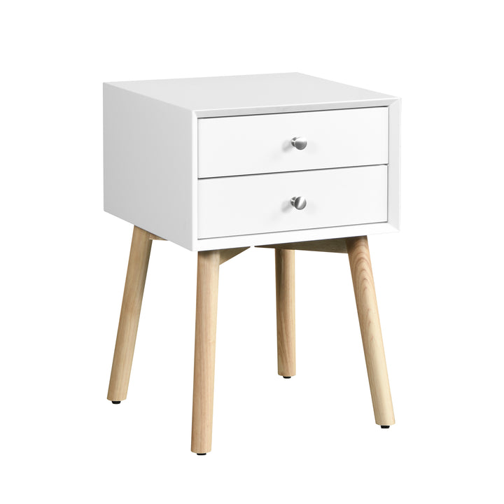 ZFZTIMBER Side Table,Bedside Table with 2 Drawers and Rubber Wood Legs, Mid-Century Modern Storage Cabinet for Bedroom Living Room, White